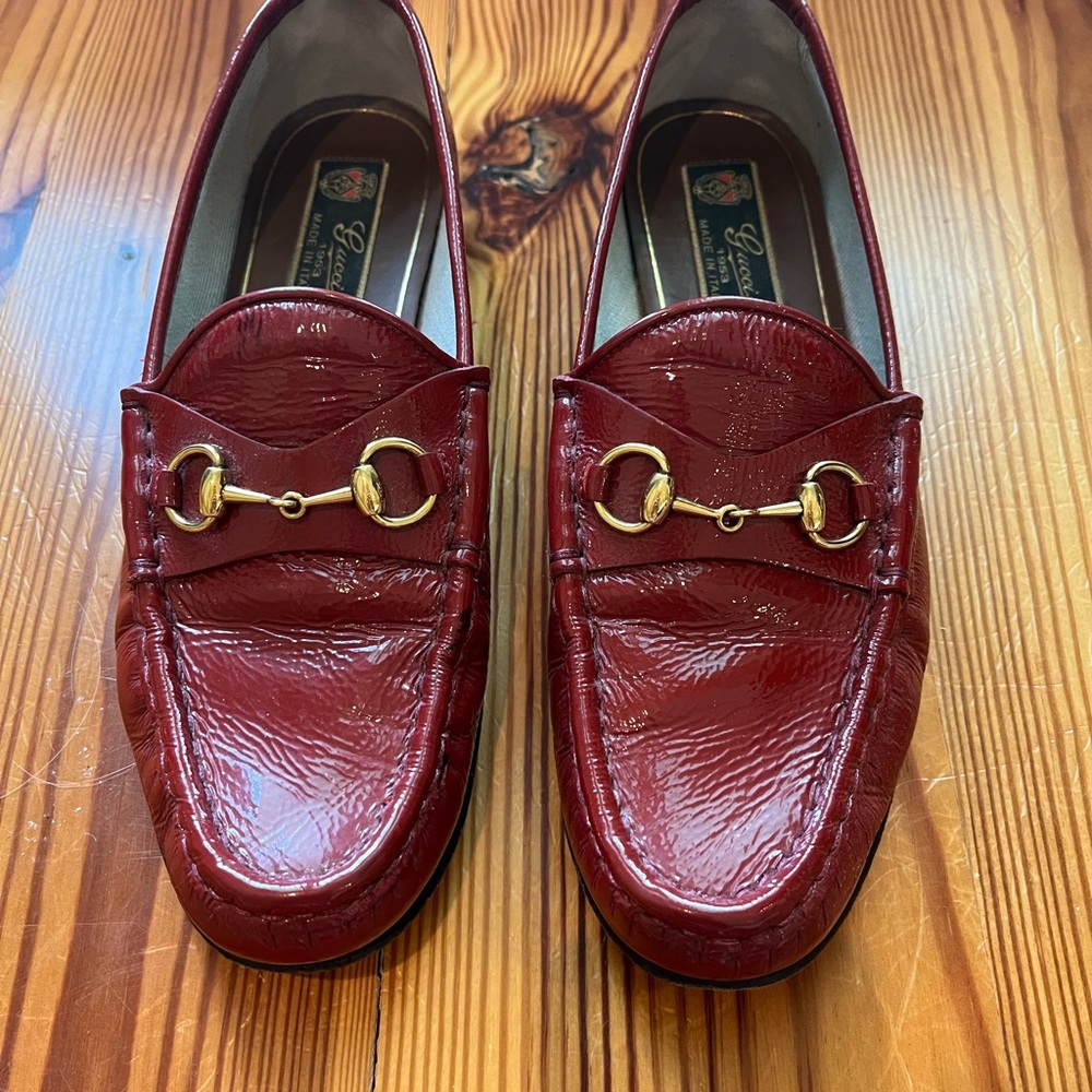SOLD Vintage Gucci patent leather horsebit loafers